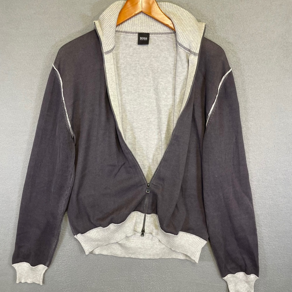 Hugo Boss Mens Medium Full Zip Mock Neck Colorblock Cotton Cardigan Gray